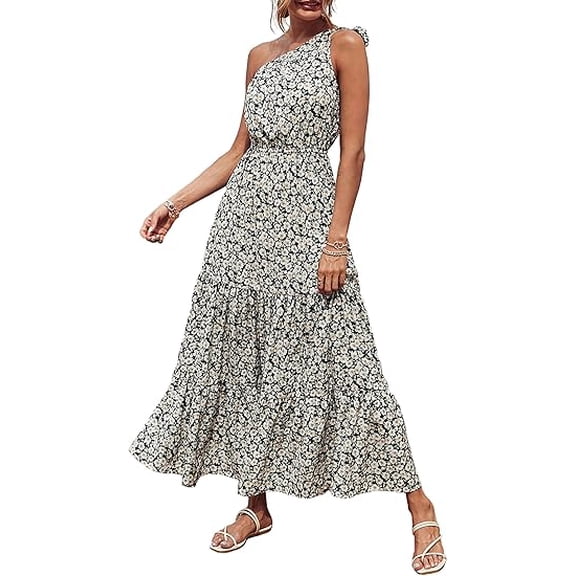 PRETTYGARDEN Women's Summer Floral One Shoulder Maxi Dress Knot Ruffle Boho Beach Vacation Wedding Guest Long Sun Dresses
