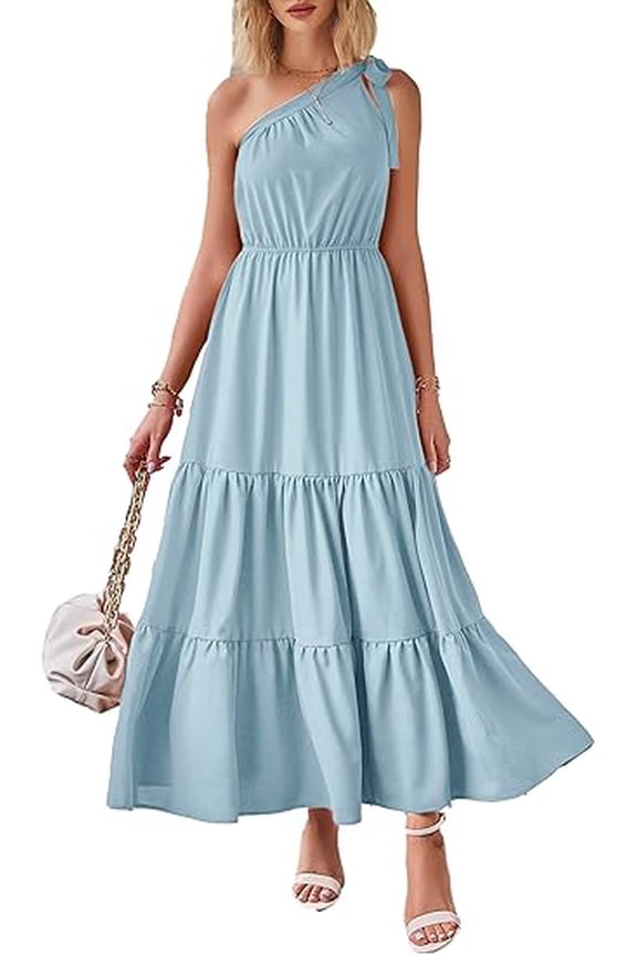Women's Summer Floral One Shoulder Maxi Dress Knot Ruffle Boho Beach Vacation Wedding Guest Long Sun Dresses