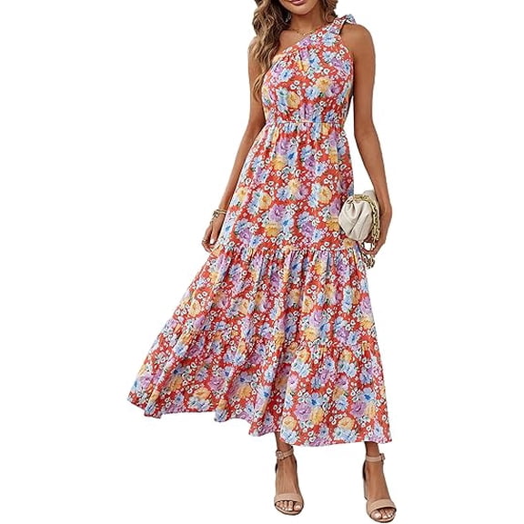 PRETTYGARDEN Women's Summer Floral One Shoulder Maxi Dress Knot Ruffle Boho Beach Vacation Wedding Guest Long Sun Dresses