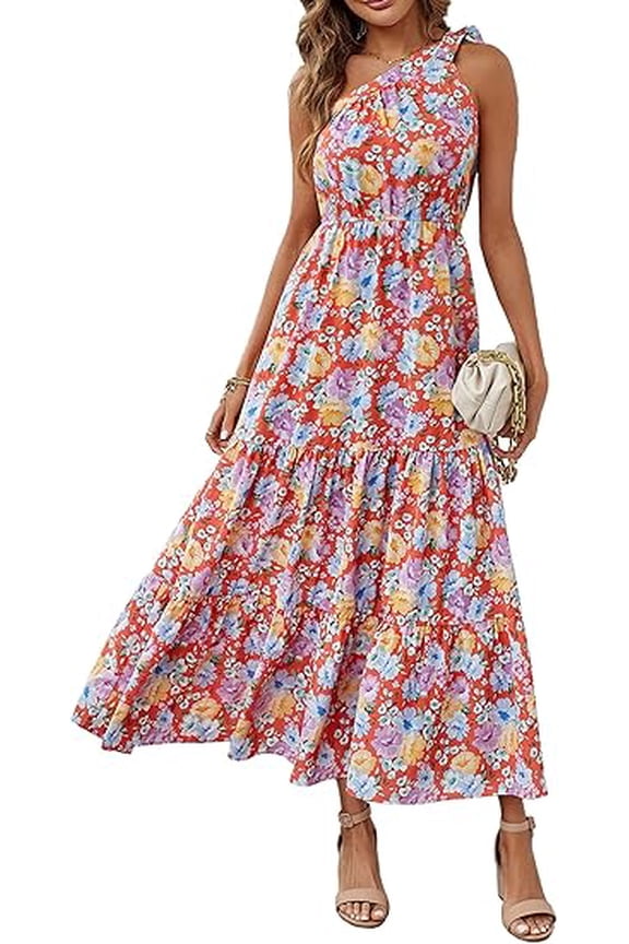 Women's Summer Floral One Shoulder Maxi Dress Knot Ruffle Boho Beach Vacation Wedding Guest Long Sun Dresses