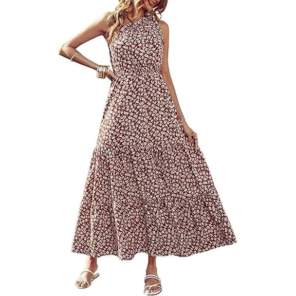 PRETTYGARDEN Women's Summer Floral One Shoulder Maxi Dress Knot Ruffle Boho Beach Vacation Wedding Guest Long Sun Dresses