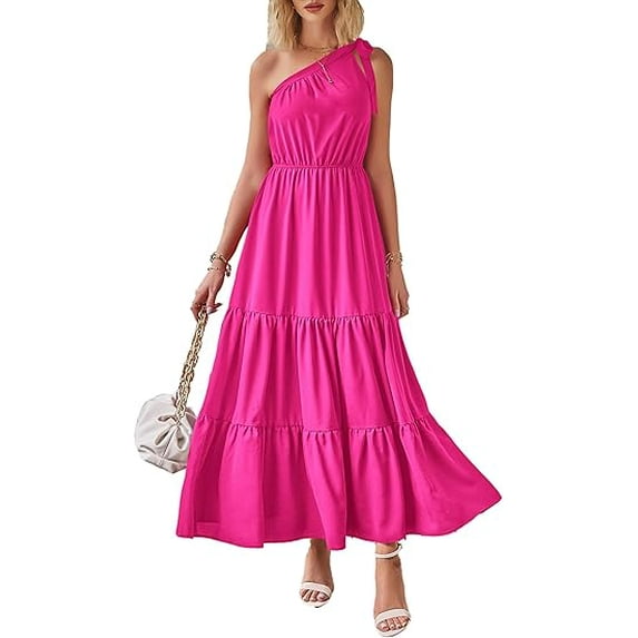PRETTYGARDEN Women's Summer Floral One Shoulder Maxi Dress Knot Ruffle Boho Beach Vacation Wedding Guest Long Sun Dresses