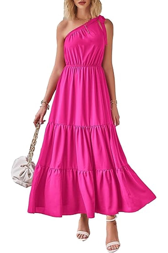 Women's Summer Floral One Shoulder Maxi Dress Knot Ruffle Boho Beach Vacation Wedding Guest Long Sun Dresses