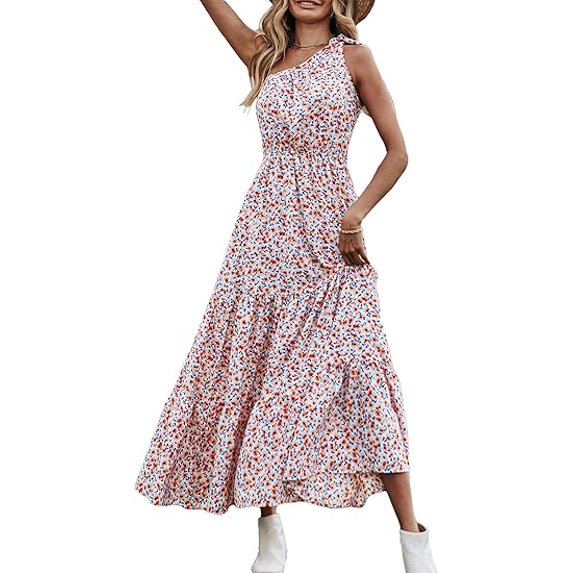 PRETTYGARDEN Women's Summer Floral One Shoulder Maxi Dress Knot Ruffle Boho Beach Vacation Wedding Guest Long Sun Dresses