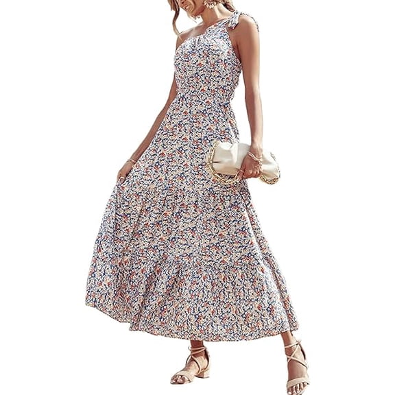 PRETTYGARDEN Women's Summer Floral One Shoulder Maxi Dress Knot Ruffle Boho Beach Vacation Wedding Guest Long Sun Dresses