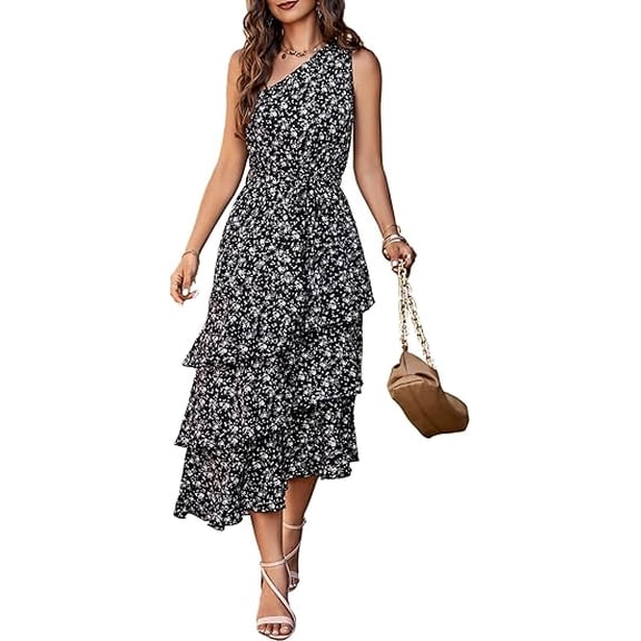 PRETTYGARDEN Women's Summer Floral Sundress Casual One Shoulder Tiered Ruffle Flowy Midi Beach Boho Dresses