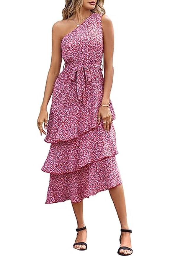 Women's Summer Floral Sundress Casual One Shoulder Tiered Ruffle Flowy Midi Beach Boho Dresses