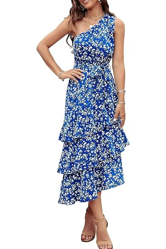 Women's Summer Floral Sundress Casual One Shoulder Tiered Ruffle Flowy Midi Beach Boho Dresses