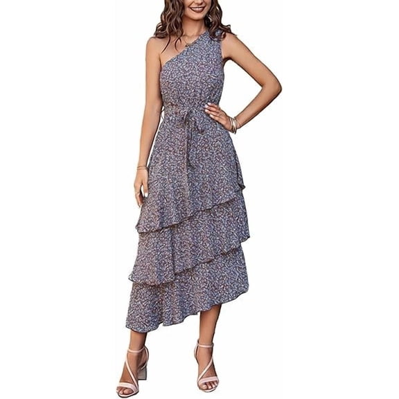 PRETTYGARDEN Women's Summer Floral Sundress Casual One Shoulder Tiered Ruffle Flowy Midi Beach Boho Dresses