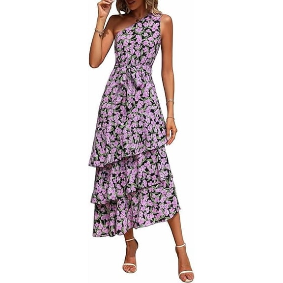 PRETTYGARDEN Women's Summer Floral Sundress Casual One Shoulder Tiered Ruffle Flowy Midi Beach Boho Dresses
