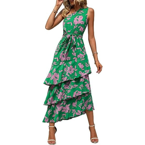 PRETTYGARDEN Women's Summer Floral Sundress Casual One Shoulder Tiered Ruffle Flowy Midi Beach Boho Dresses