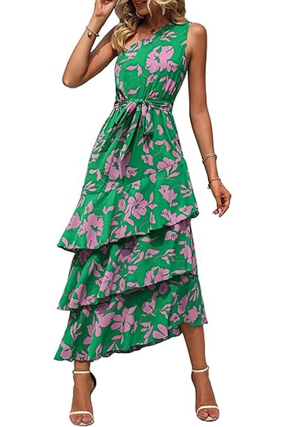 Women's Summer Floral Sundress Casual One Shoulder Tiered Ruffle Flowy Midi Beach Boho Dresses