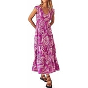 PRETTYGARDEN Women's Summer Flowy Maxi Dress Casual Cap Sleeve V Neck Smocked Beach Sundress