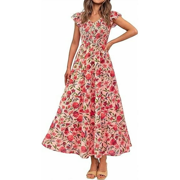 PRETTYGARDEN Women's Summer Flowy Maxi Dress Casual Cap Sleeve V Neck Smocked Beach Sundress