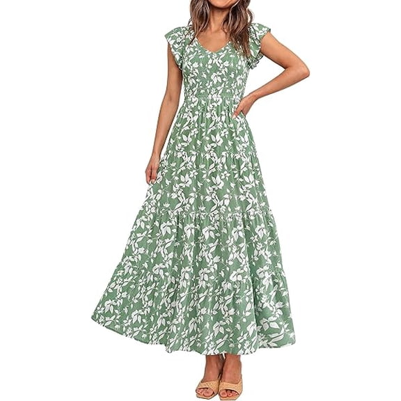 PRETTYGARDEN Women's Summer Flowy Maxi Dress Casual Cap Sleeve V Neck Smocked Beach Sundress