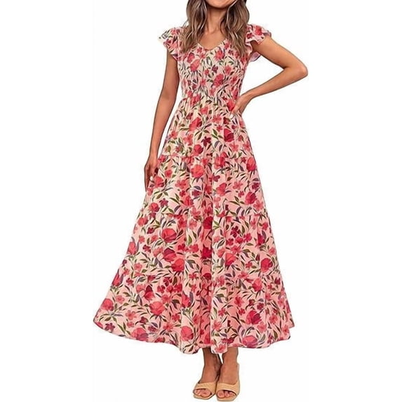 PRETTYGARDEN Women's Summer Flowy Maxi Dress Casual Cap Sleeve V Neck Smocked Beach Sundress