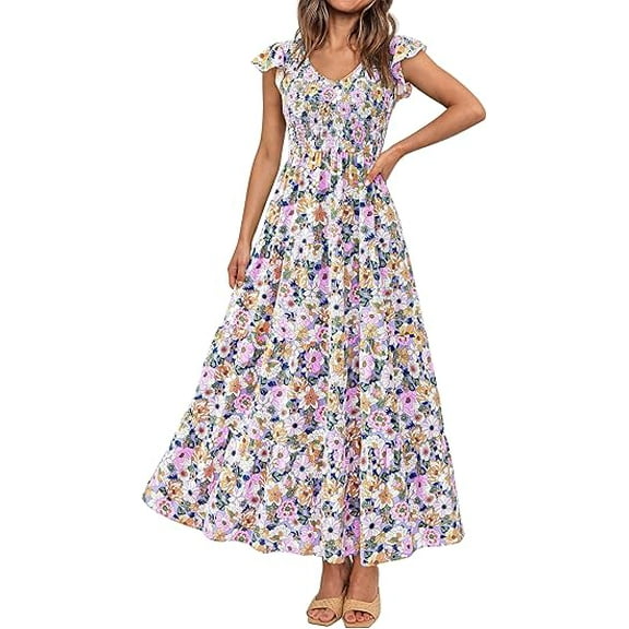 PRETTYGARDEN Women's Summer Flowy Maxi Dress Casual Cap Sleeve V Neck Smocked Beach Sundress
