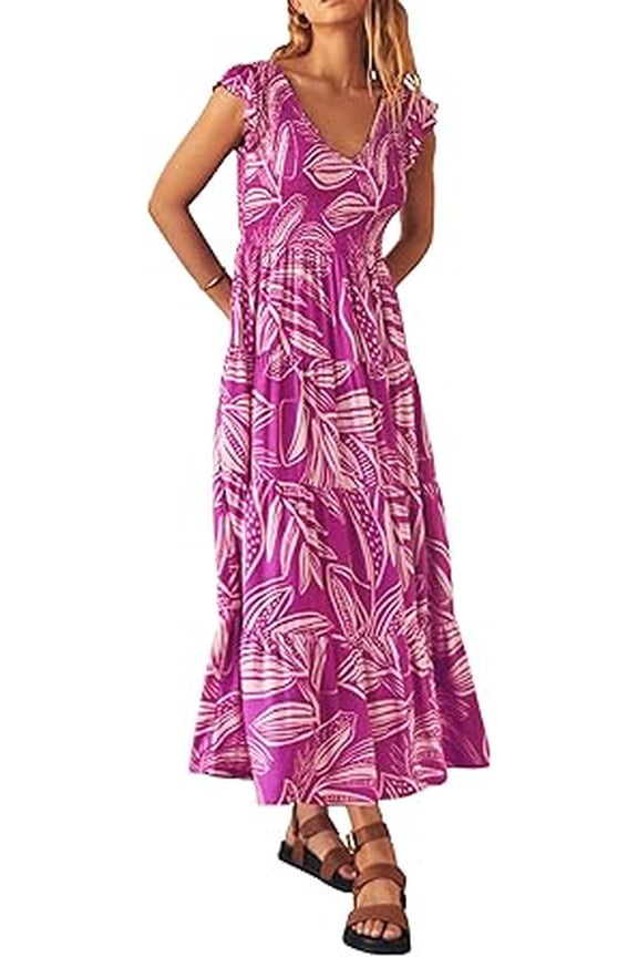 Women's Summer Flowy Maxi Dress Casual Cap Sleeve V Neck Smocked Beach Sundress