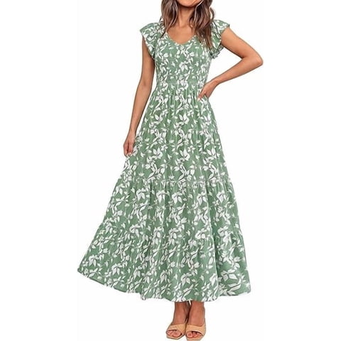 Women's Summer Flowy Maxi Dress Casual Cap Sleeve V Neck Smocked Beach Sundress