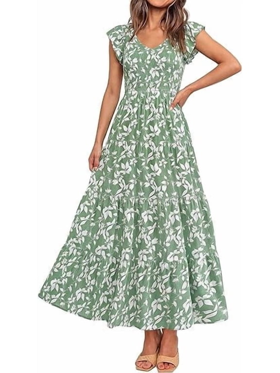 Women's Summer Flowy Maxi Dress Casual Cap Sleeve V Neck Smocked Beach Sundress