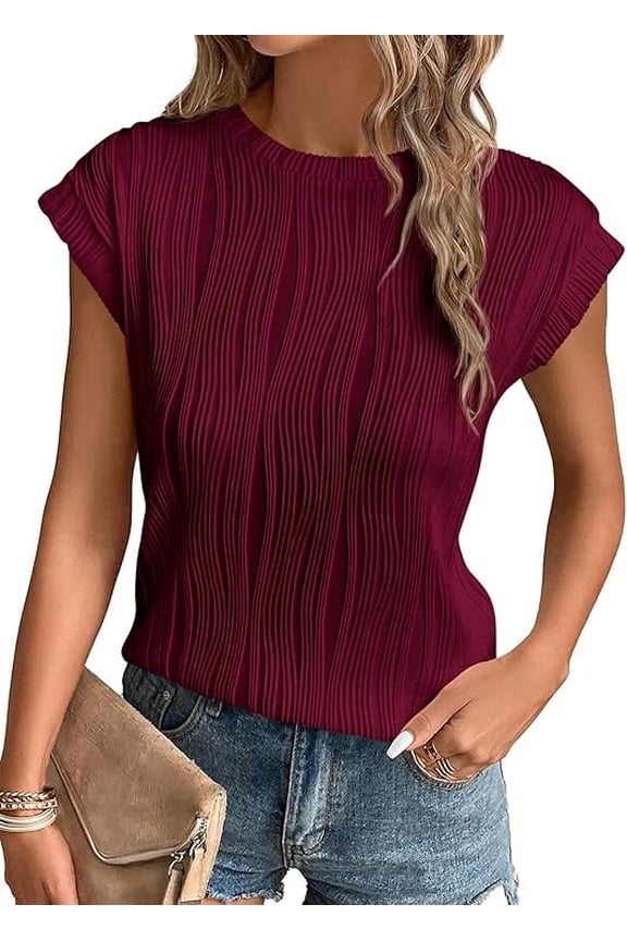 Women's Summer Going Out Tops Dressy Casual Crewneck Short Sleeve Textured Basic Cute Trendy T Shirts Tee Blouse