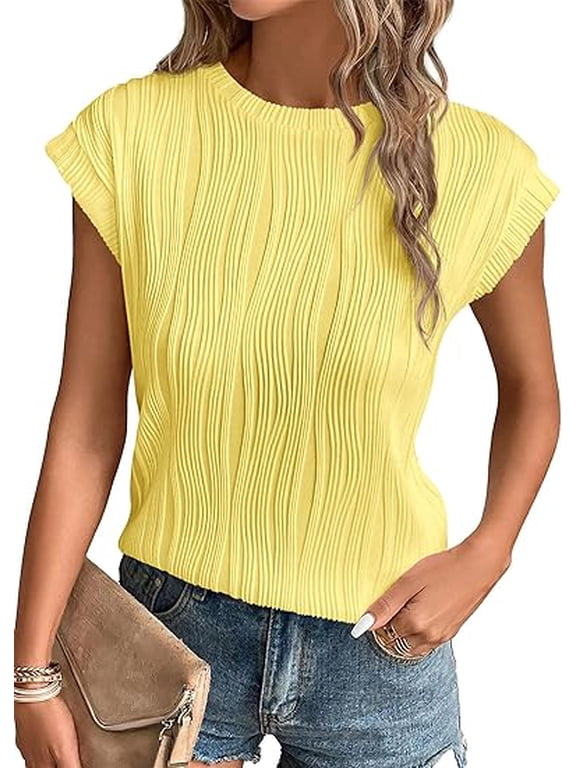 Women's Summer Going Out Tops Dressy Casual Crewneck Short Sleeve Textured Basic Cute Trendy T Shirts Tee Blouse