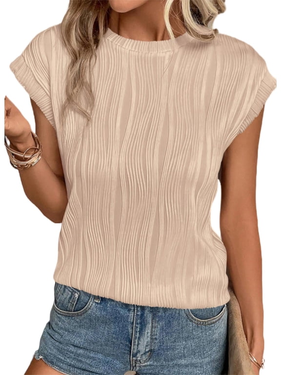 Women's Summer Going Out Tops Dressy Casual Crewneck Short Sleeve Textured Basic Cute Trendy T Shirts Tee Blouse