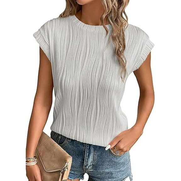 PRETTYGARDEN Women's Summer Going Out Tops Dressy Casual Crewneck Short Sleeve Textured Basic Cute Trendy T Shirts Tee Blouse