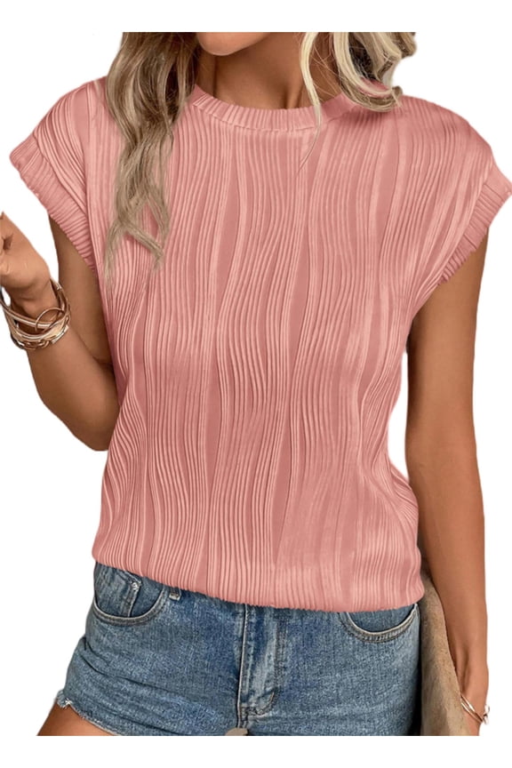 Women's Summer Going Out Tops Dressy Casual Crewneck Short Sleeve Textured Basic Cute Trendy T Shirts Tee Blouse