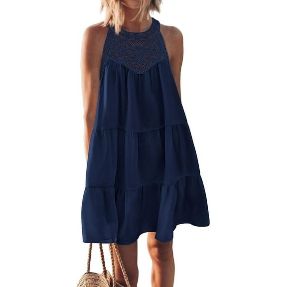 PRETTYGARDEN Women's Summer Hollow Out Halter Dresses Casual Sleeveless A-Line Tiered Swing Sundress Beach Vacation Mini Dress