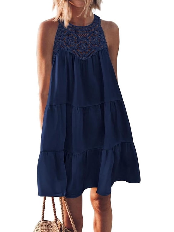 Women's Summer Hollow Out Halter Dresses Casual Sleeveless A-Line Tiered Swing Sundress Beach Vacation Mini Dress