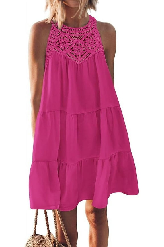 Women's Summer Hollow Out Halter Dresses Casual Sleeveless A-Line Tiered Swing Sundress Beach Vacation Mini Dress