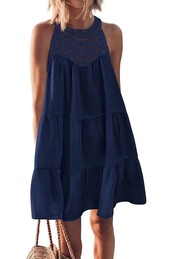 Women's Summer Hollow Out Halter Dresses Casual Sleeveless A-Line Tiered Swing Sundress Beach Vacation Mini Dress