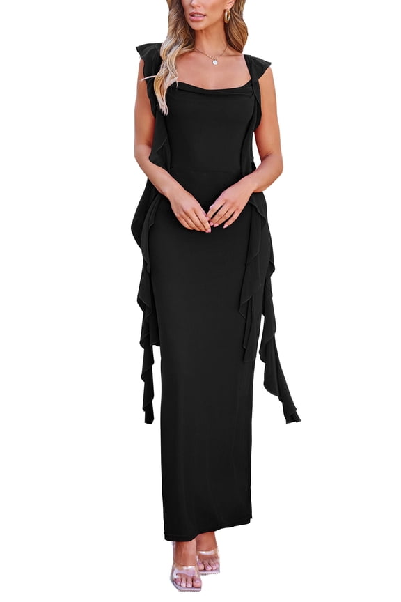 Women's Summer Long Formal Wedding Guest Dress Sleeveless Ruffle Cocktail Party Maxi Bodycon Dresses