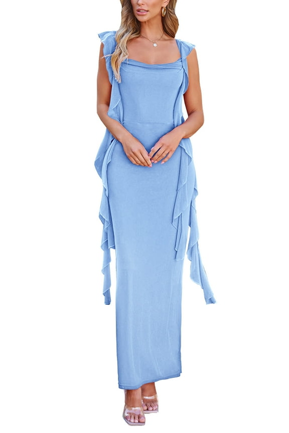 Women's Summer Long Formal Wedding Guest Dress Sleeveless Ruffle Cocktail Party Maxi Bodycon Dresses