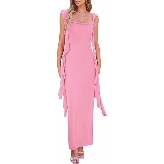 PRETTYGARDEN Women's Summer Long Formal Wedding Guest Dress Sleeveless Ruffle Cocktail Party Maxi Bodycon Dresses
