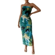 PRETTYGARDEN Women's Summer Maxi Bodycon Dresses Strapless Tube Top Printed Long Party Club Slit Dress