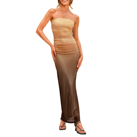 PRETTYGARDEN Women's Summer Maxi Bodycon Dresses Strapless Tube Top Printed Long Party Club Slit Dress