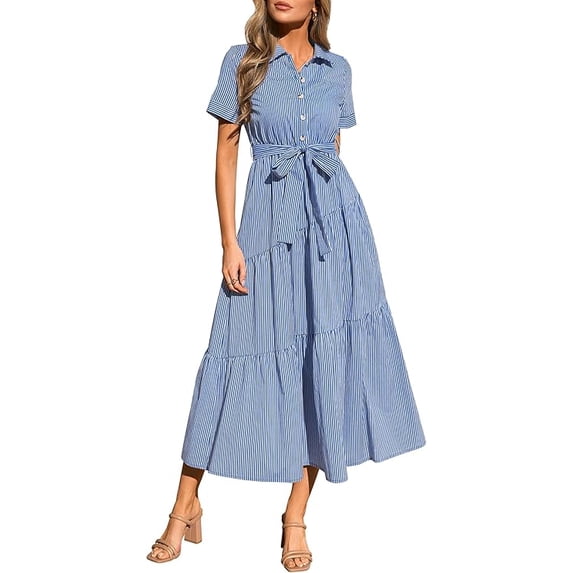 PRETTYGARDEN Women's Summer Maxi Button Up Shirt Dress Short Sleeve Striped A Line Long Flowy Elegant Spring Dresses