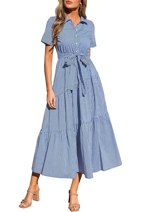 Women's Summer Maxi Button Up Shirt Dress Short Sleeve Striped A Line Long Flowy Elegant Spring Dresses