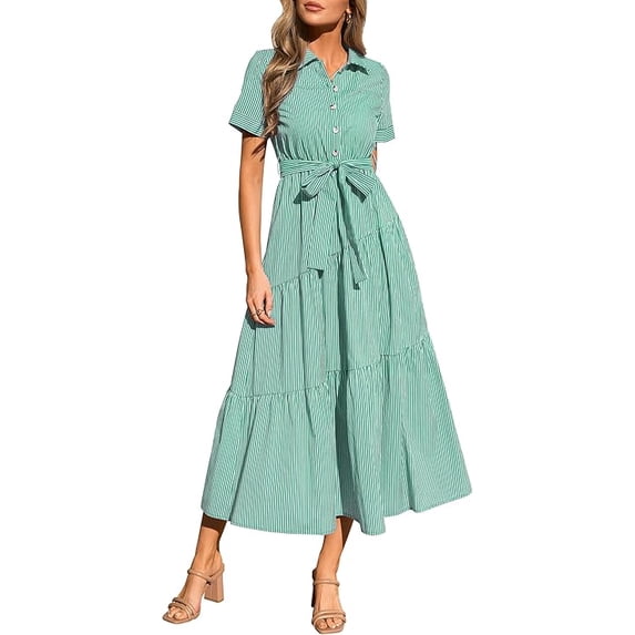 PRETTYGARDEN Women's Summer Maxi Button Up Shirt Dress Short Sleeve Striped A Line Long Flowy Elegant Spring Dresses