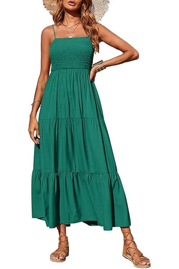 Women's Summer Maxi Dress Casual Boho Sleeveless Spaghetti Strap Smocked Tiered Long Beach Sundresses