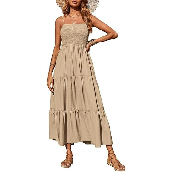 PRETTYGARDEN Women's Summer Maxi Dress Casual Boho Sleeveless Spaghetti Strap Smocked Tiered Long Beach Sundresses