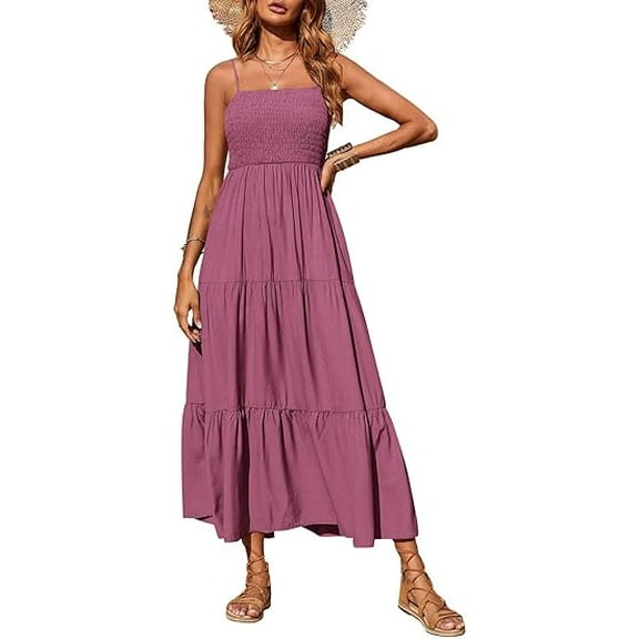 PRETTYGARDEN Women's Summer Maxi Dress Casual Boho Sleeveless Spaghetti Strap Smocked Tiered Long Beach Sundresses