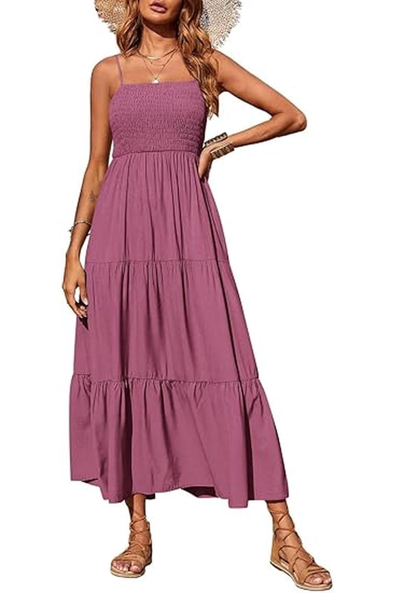 Women's Summer Maxi Dress Casual Boho Sleeveless Spaghetti Strap Smocked Tiered Long Beach Sundresses