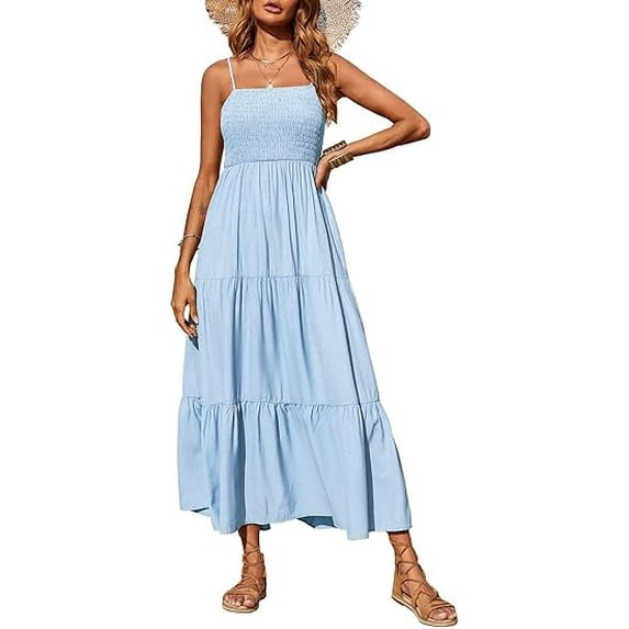 PRETTYGARDEN Women's Summer Maxi Dress Casual Boho Sleeveless Spaghetti Strap Smocked Tiered Long Beach Sundresses