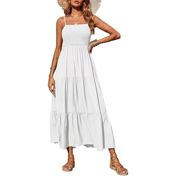 PRETTYGARDEN Women's Summer Maxi Dress Casual Boho Sleeveless Spaghetti Strap Smocked Tiered Long Beach Sundresses