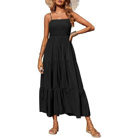 PRETTYGARDEN Women's Summer Maxi Dress Casual Boho Sleeveless Spaghetti Strap Smocked Tiered Long Beach Sundresses
