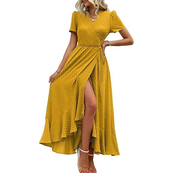 PRETTYGARDEN Women's Summer Maxi Dress Casual Wrap Floral Boho Short Sleeve V Neck Split Ruffle Beach Long Dresses