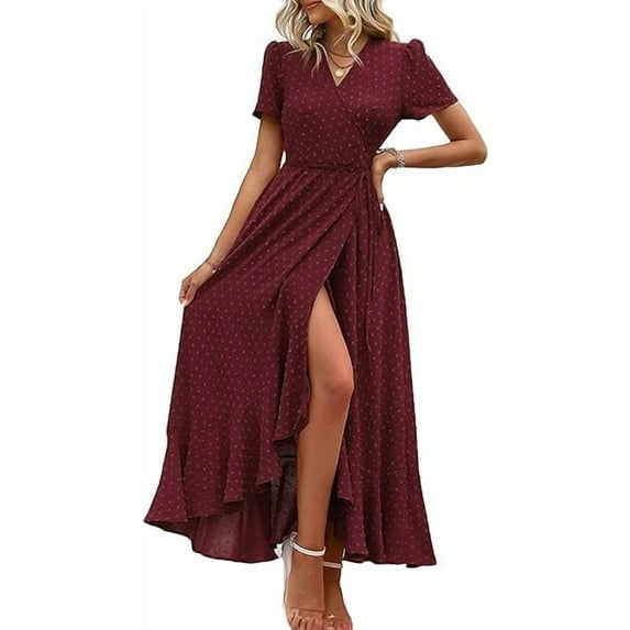 PRETTYGARDEN Women's Summer Maxi Dress Casual Wrap Floral Boho Short Sleeve V Neck Split Ruffle Beach Long Dresses